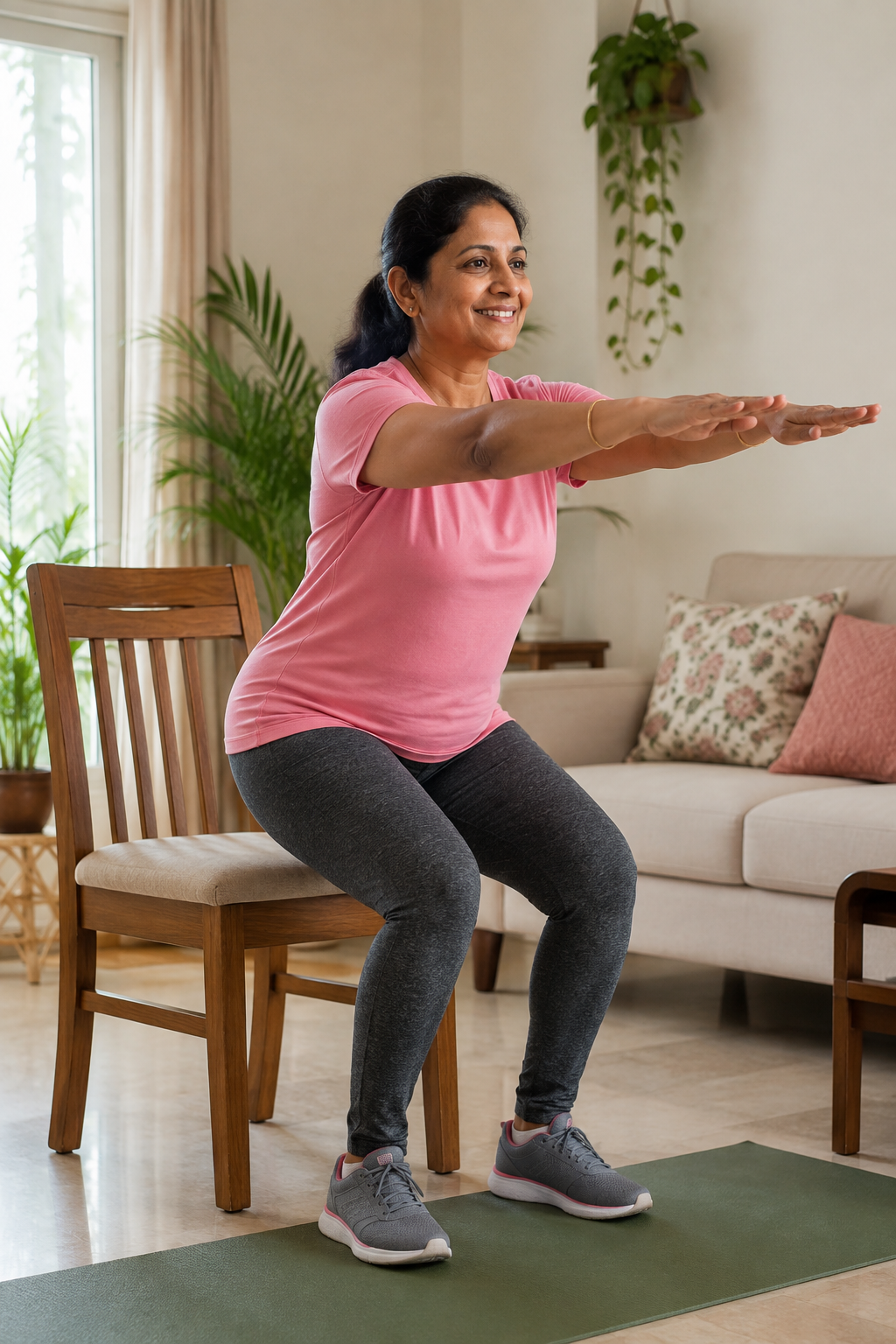Woman doing a chair-supported workout at home