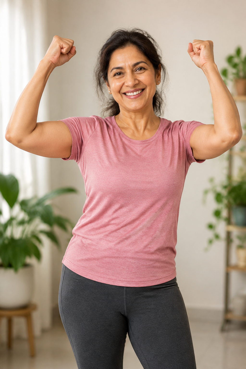Woman celebrating with raised fists after finishing her workout