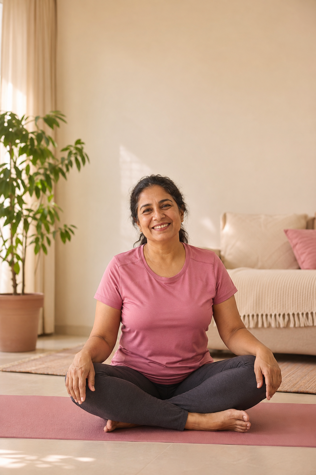 Woman smiling warmly while sitting cross-legged at home